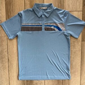 Travis Mathew Men’s Large Blue with Gray Stripes Polo Shirt Classic Design